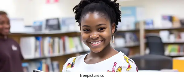African American Girl Smiling In Library