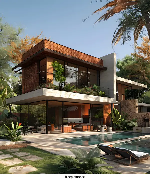 Modern House with Swimming Pool and Tropical Plants
