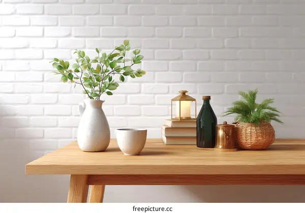 Modern Wooden Table Decor with Plants and Vessels