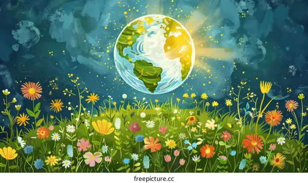 Illustration of a Green Earth with Blooming Flowers