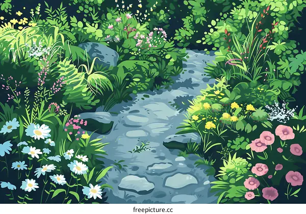 Illustration of Stone Path Creek Bed with Flowers