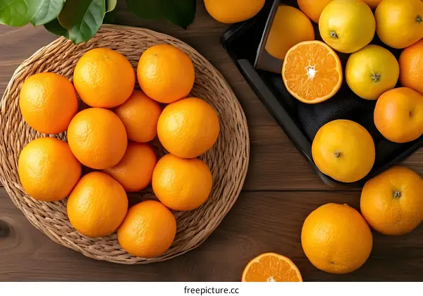 Fresh Oranges in a Wicker Basket on a Wooden Background