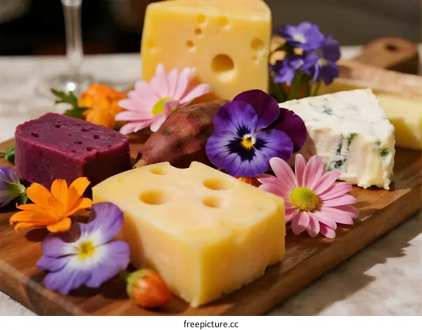 A Selection of Various Cheeses with Colorful Flowers on Wooden Board