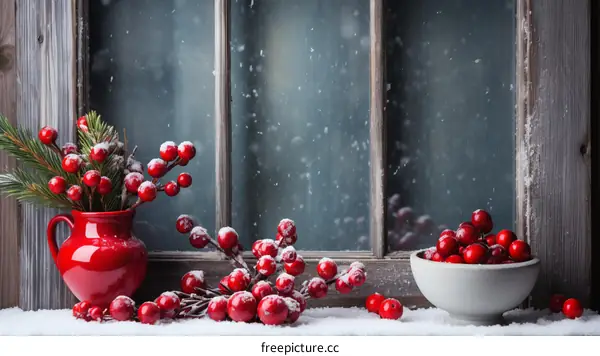 Red berries and snow on windowsill