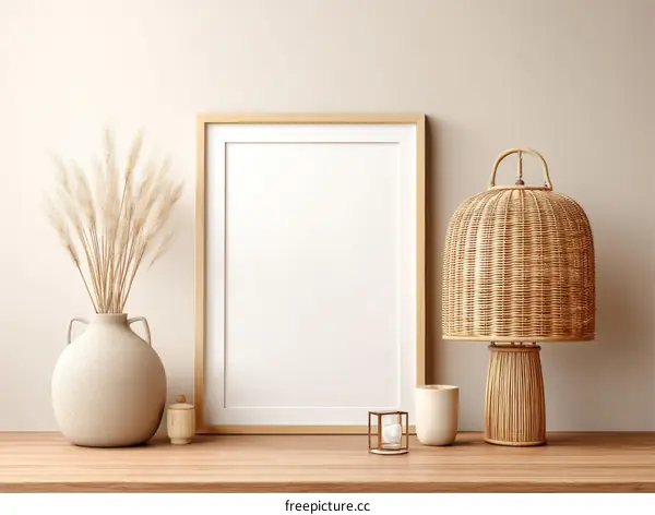 Minimalist Home Decor Featuring a Blank Frame and Rattan Lamp