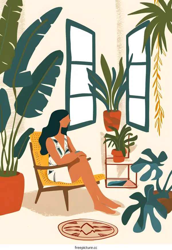 Woman Relaxing in a Room Filled with Plants