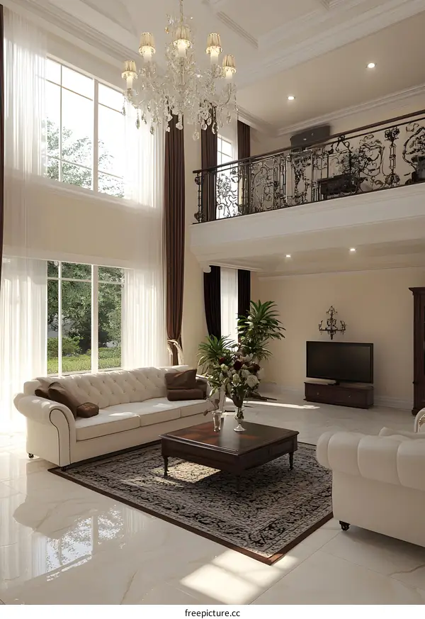 Luxury Living Room Interior Design with White Sofa and Chandelier
