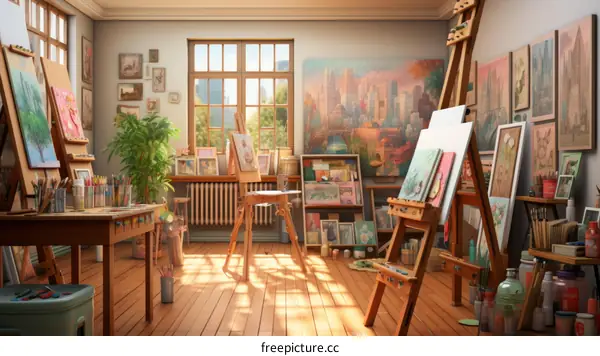 An Art Studio with Easels, Paintings, and a Large Window