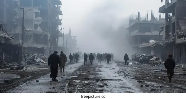 People walking through a destroyed city