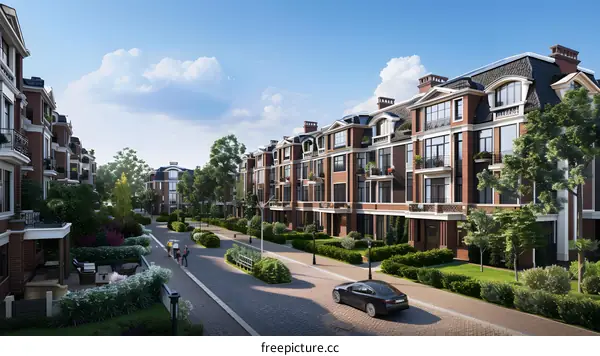 Luxury Townhouses with Green Landscaping and a Car