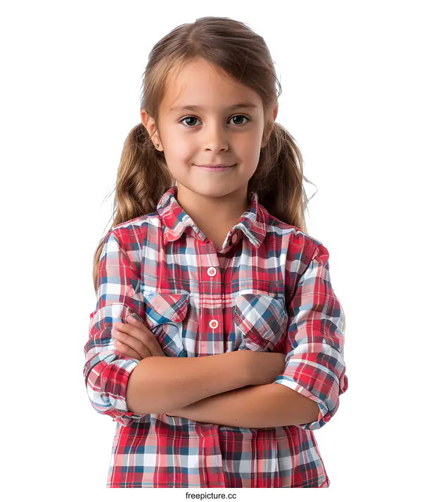 [Transparent Background PNG]Young Girl with Arms Crossed in a Red and White Plaid Shirt
