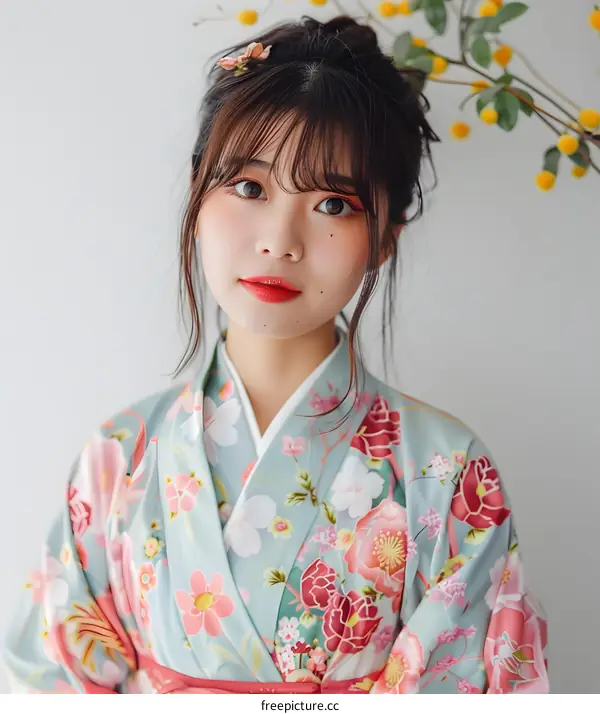 Young Woman in Traditional Japanese Kimono with Flowers