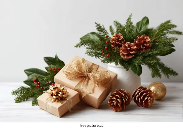 Christmas Gift Arrangement with Pine Cones and Berries