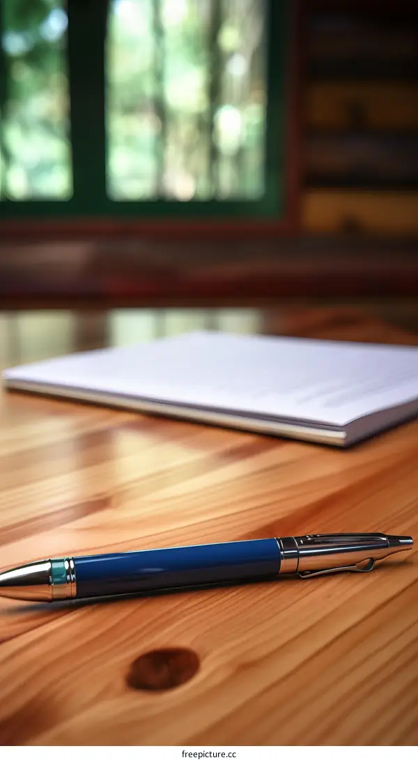 A wooden table with a notebook and a pen