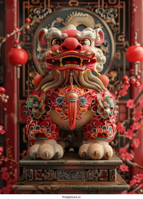 3D Rendered Chinese Guardian Lion Statue with Red and Gold Accents