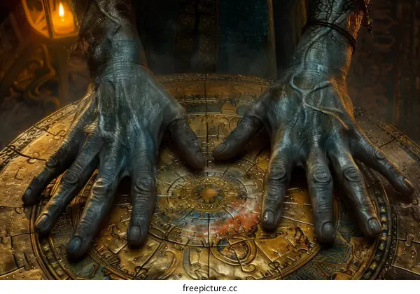 A Dark Figure with Glowing Hands hovers over an Ancient Golden Puzzle