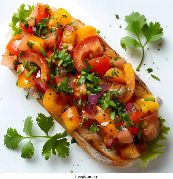 Top view of bruschetta with fresh tomatoes, basil and spices