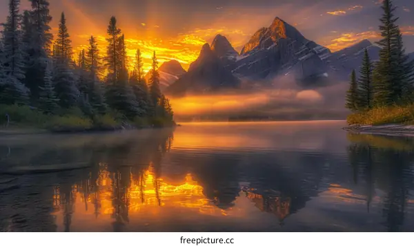 The sun rises over a mountain lake, casting a golden glow on the water and trees