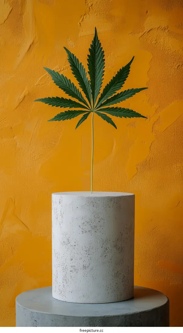 Cannabis Leaf on a Concrete Cylinder Against an Orange Background