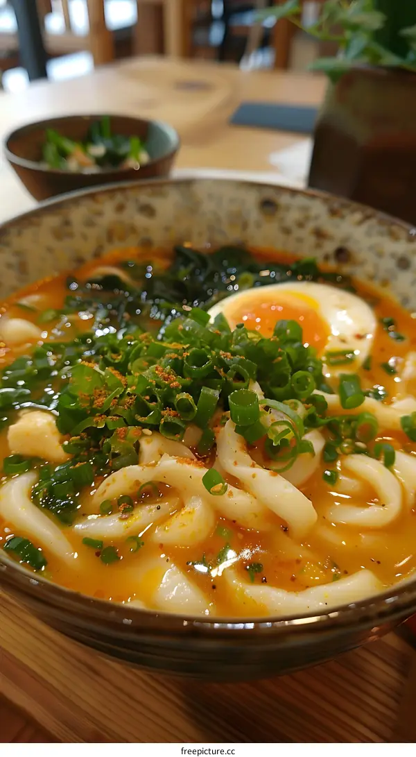 A delicious bowl of udon noodles with egg and seaweed in a ceramic bowl