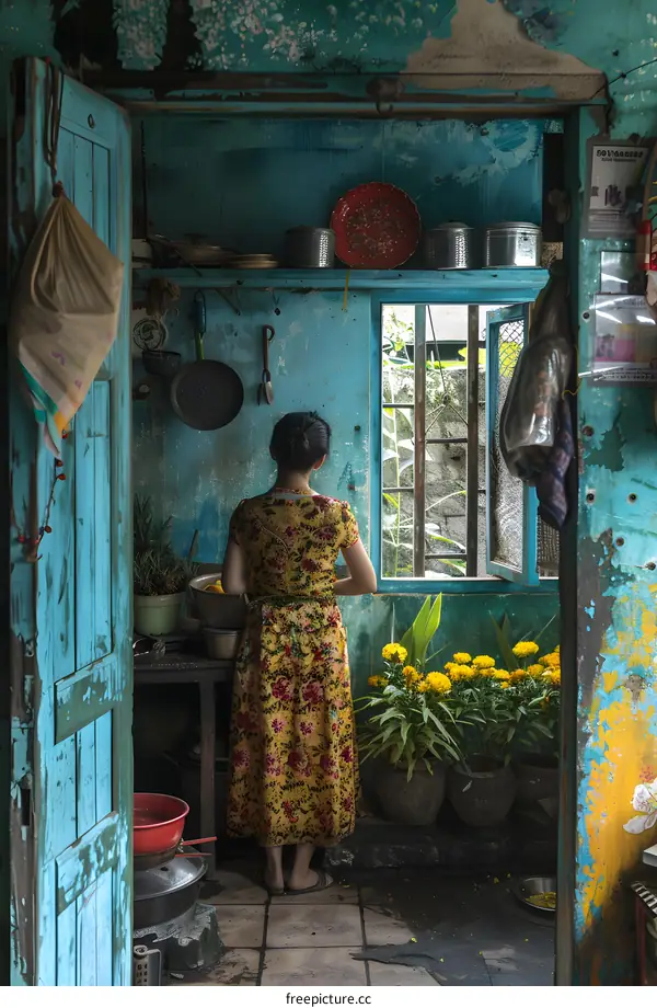A woman standing in a kitchen looking out the window