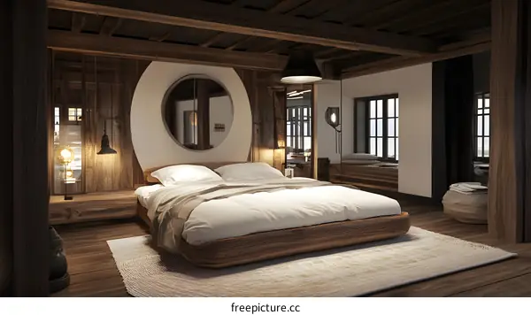 Modern Wooden Bedroom Interior Design With Round Mirror