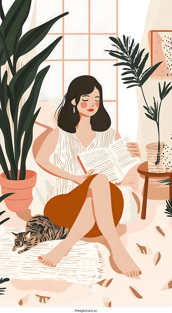 Woman Reading Book With Cat In Cozy Home