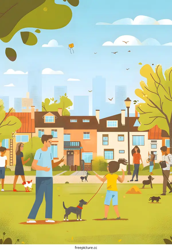 Happy Family Walking Their Dogs in the Park