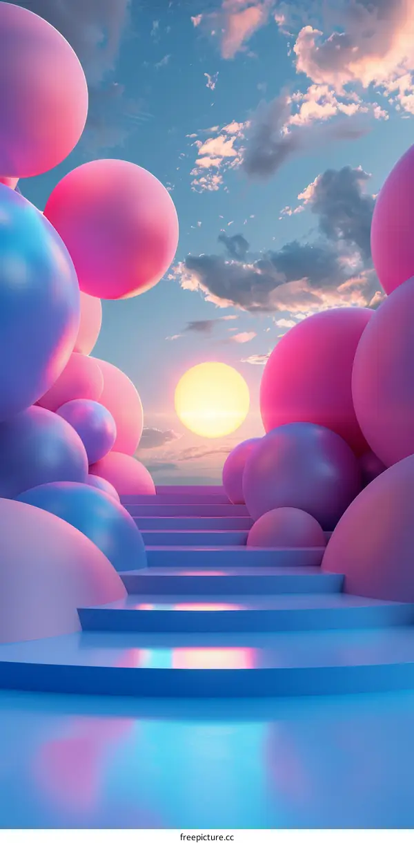 Pink and Blue Spheres Dancing in a Dreamy Sunset