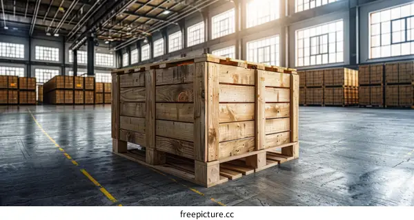 Wooden box on a pallet in a warehouse