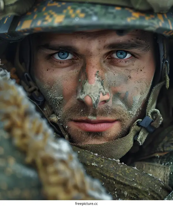 Portrait of a soldier with blue eyes and camouflage on his face