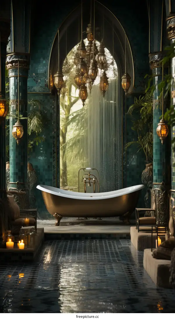 Lavish bathroom with rainfall shower and soaking tub