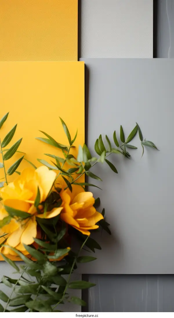 Yellow and gray color block background with yellow flowers