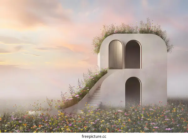 Modern Architecture with Flower Garden on a Hillside