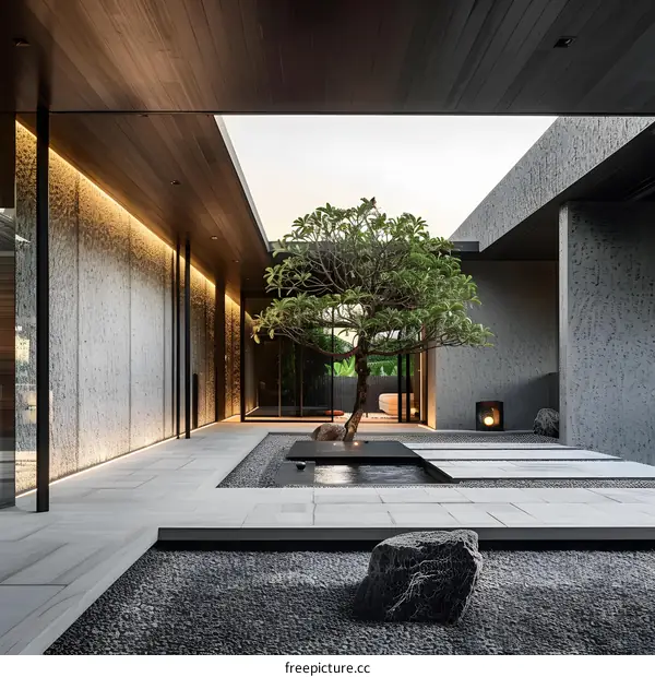 Minimalist Zen Garden Courtyard Design with Small Tree and Stone