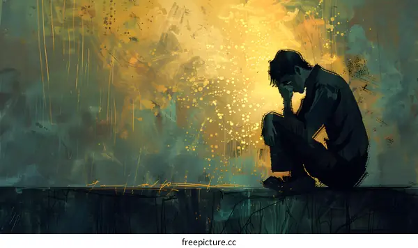 A dark figure sits on a ledge overlooking a city.