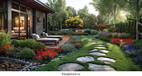 Lush Courtyard Garden with Luscious Plants and Flowers