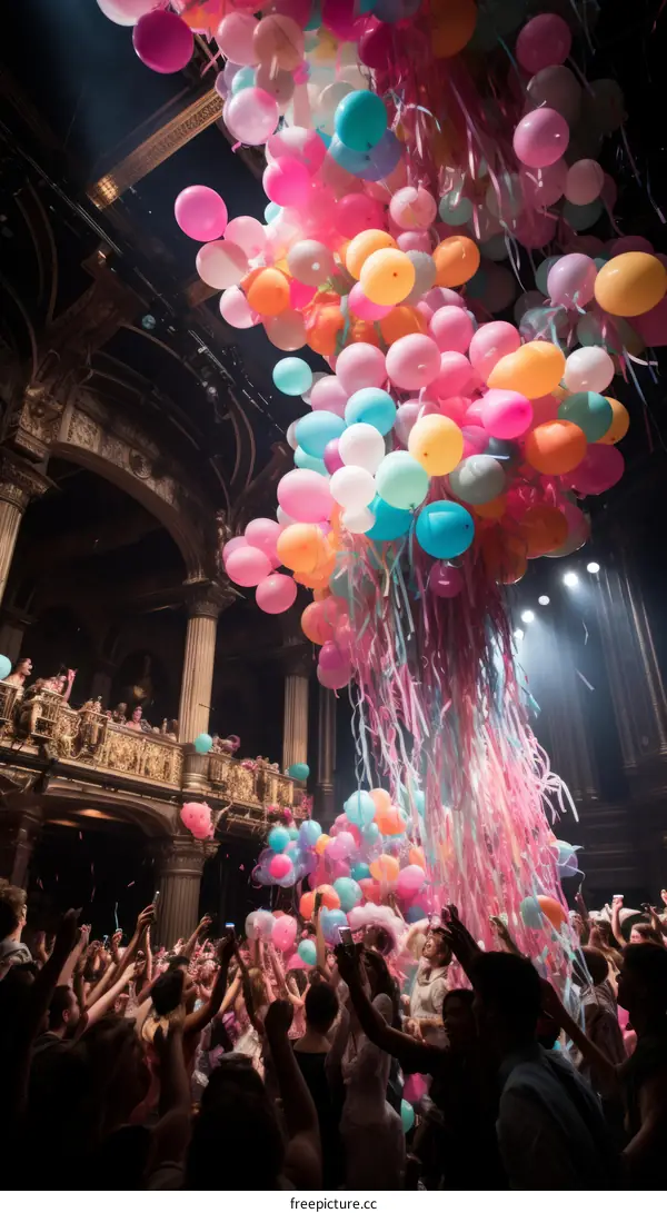 Colorful balloons fill the air as partygoers celebrate the new year