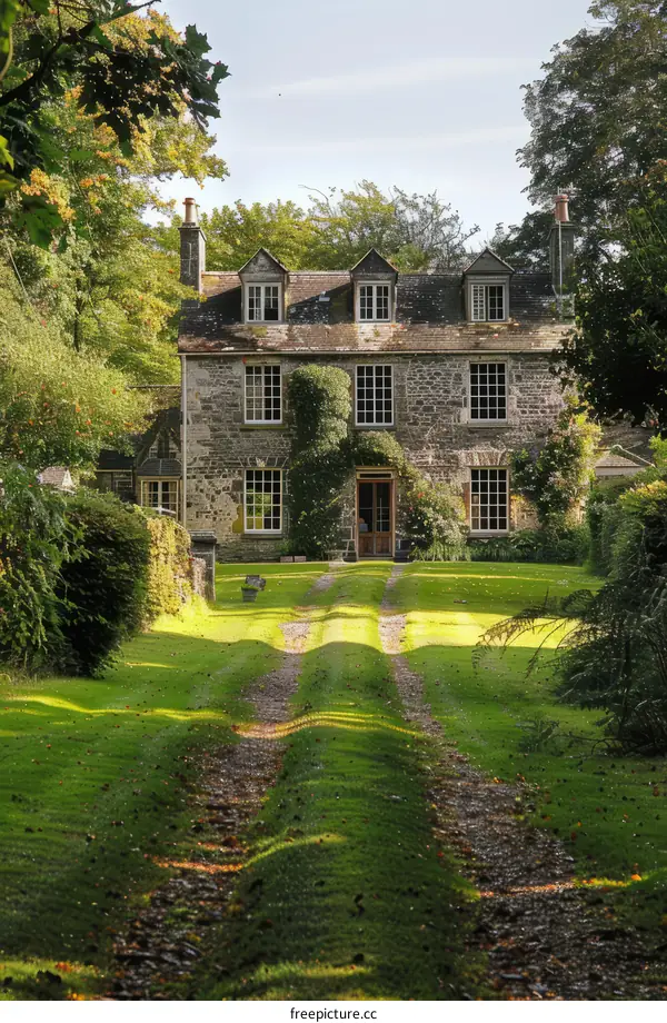 A Picturesque Stone House with a Sweeping Driveway and Expansive Lawn
