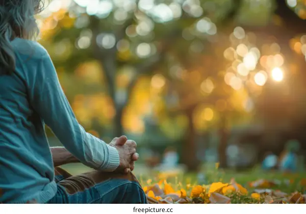 A man in lotus position during meditation in a park with an out of focus background