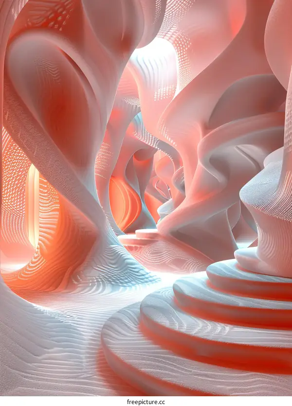 Abstract Futuristic Pink and White Cave Structure with Stairs