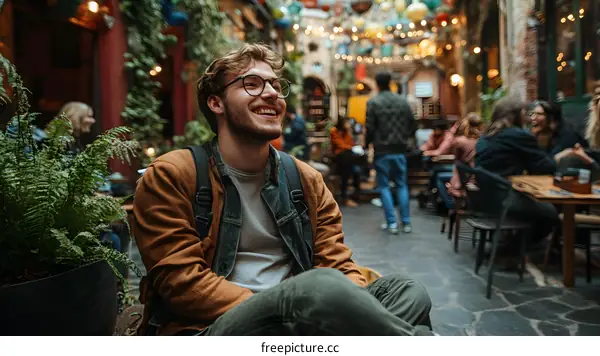 Man Smiling at Outdoor Cafe in Europe