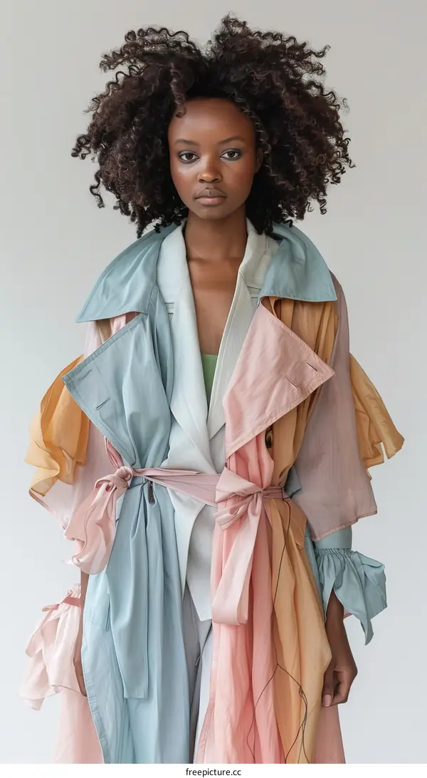 Black female model with curly hair wearing a colorful trench coat