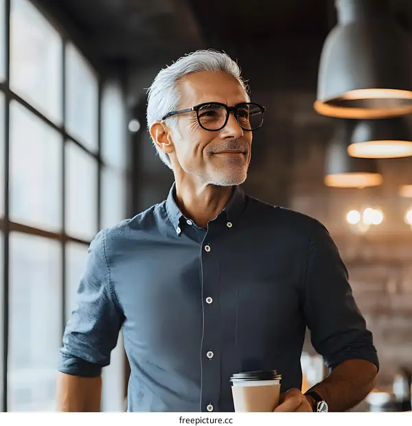 Smiling Man Holding Coffee Cup Looking Away in a Coffee Shop