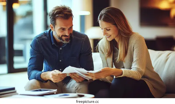 Couple Discussing Documents in a Cozy Interior