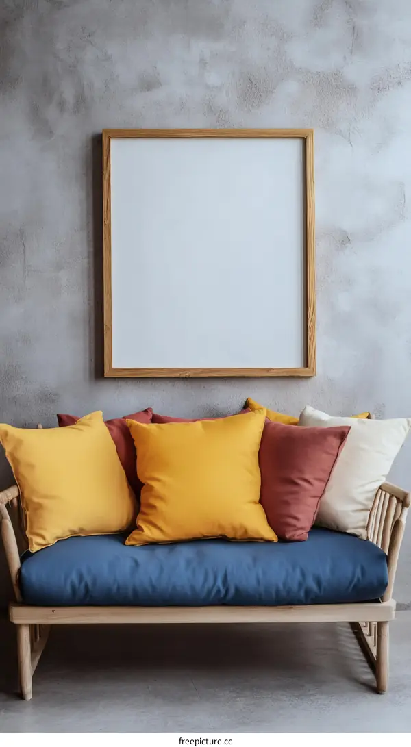 Modern Wooden Sofa with Colorful Cushions and Empty Picture Frame