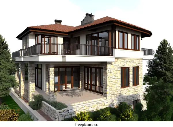 Modern Stone Exterior House with Balcony and Patio