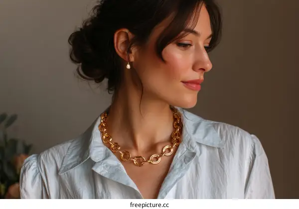 Stylish Woman Wearing Gold Necklace Fashion Jewelry