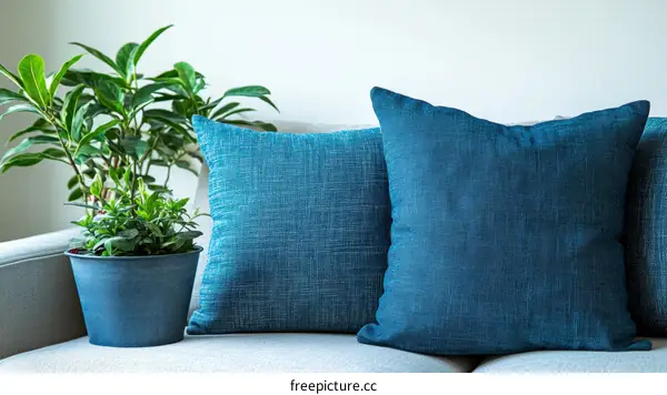 Cozy Living Room with Teal Pillows and Plants