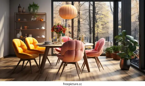 Large Windows in Modern Dining Room with Forest View